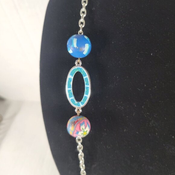 Viva Beads Retro Blue Turtle Floral Clay Beads Silver-Tone Chain 36" Necklace - Picture 2 of 6